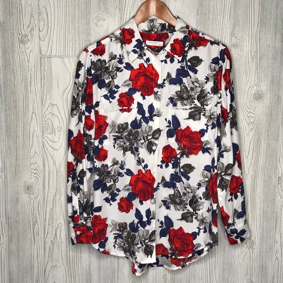 Equipment Tops - Equipment Floral Red/White/Blue Long Sleeve Blouse